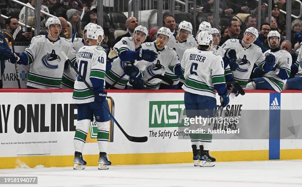 Brock Boeser of the Vancouver Canucks celebrates teammates on the bench after scoring a goal in the first period against the Pittsburgh Penguins at...