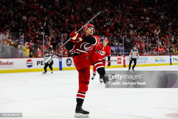 Jack Drury of the Carolina Hurricanes celebrates a goal during the second period of the game against the Anaheim Ducks at PNC Arena on January 11,...