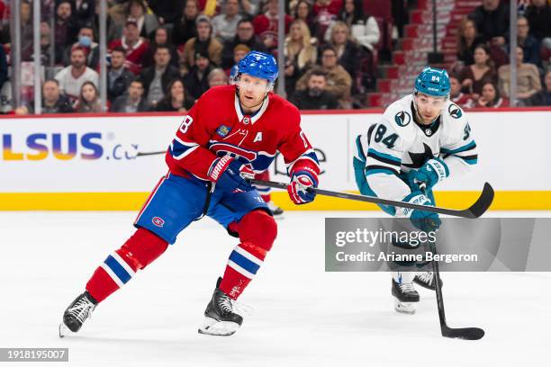 Mike Matheson of the Montreal Canadiens looks on during the second period of the NHL regular season game between the Montreal Canadiens and the San...