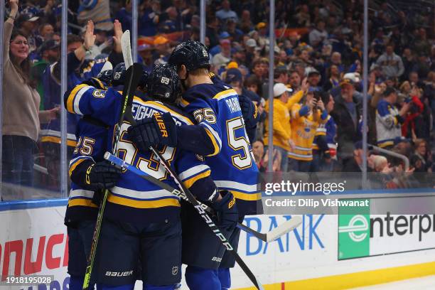 Members of the St. Louis Blues celebrate after scoring a goal against the New York Rangers in the first period at Enterprise Center on January 11,...