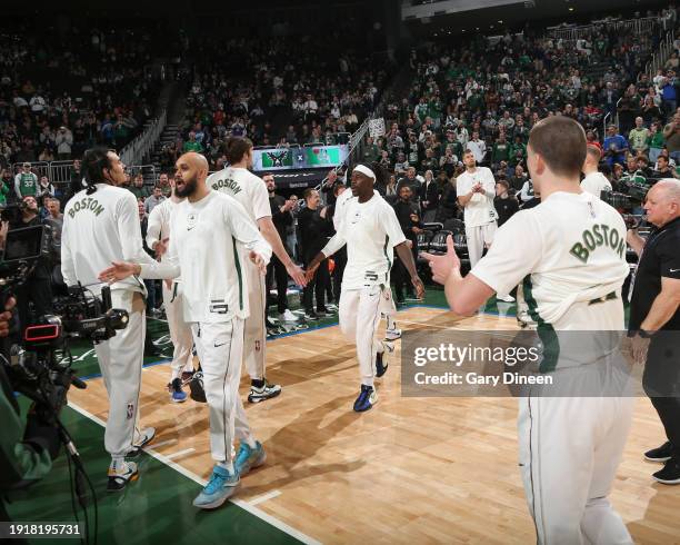 Jrue Holiday of the Boston Celtics walks on the court during player introductions on January 11, 2024 at the Fiserv Forum Center in Milwaukee,...