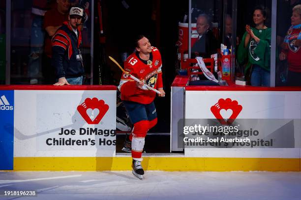 Sam Reinhart of the Florida Panthers skates onto the ice after being awarded the first star of the game following his game-winning goal in overtime...