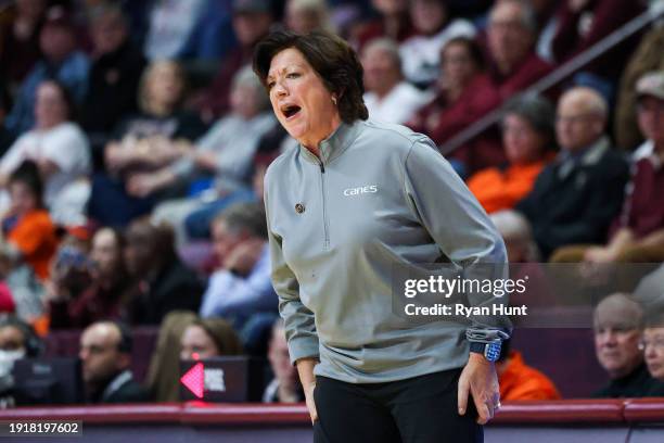 Head coach Katie Meier of the Miami Hurricanes reacts in the first half during a game against the Virginia Tech Hokies at Cassell Coliseum on January...