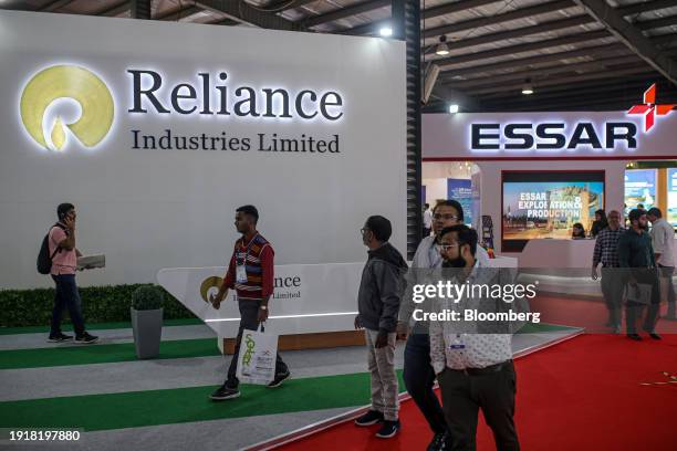 The Reliance Industries Ltd. Booth, left, and the Essar Group booth during the Vibrant Gujarat Global Summit in Gandhinagar, Gujarat, India, on...