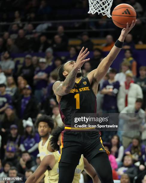 Arizona State Sun Devils guard Frankie Collins drives down the lane for a layin during a PAC12 basketball game between the Washington Huskies and the...