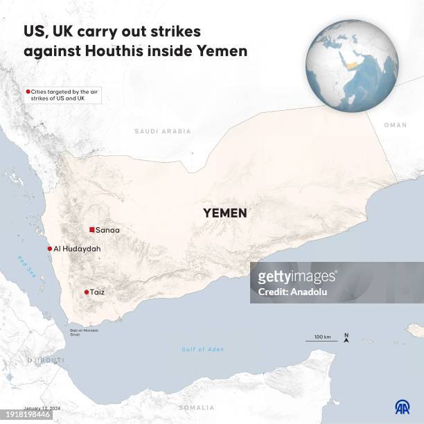 An infographic titled 'US, UK carry out strikes against Houthis inside Yemen' created in Ankara, Turkiye on January 12, 2024.