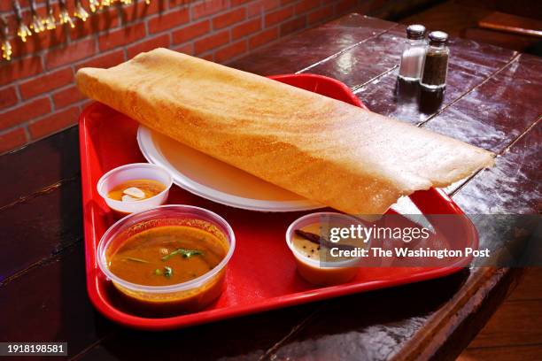 Masala dosa is seen at Vegz restaurant in the Adams Morgan neighborhood of Washington, DC. Vegz is a vegetarian Indian restaurant with Swarn Singh as...
