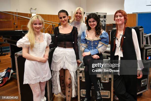 Emily Roberts, Aurora Nishevci, Georgia Davies, Abigail Morris and Lizzie Mayland of The Last Dinner Party pose at BBC Radio 1's Sound of 2024 LIVE...