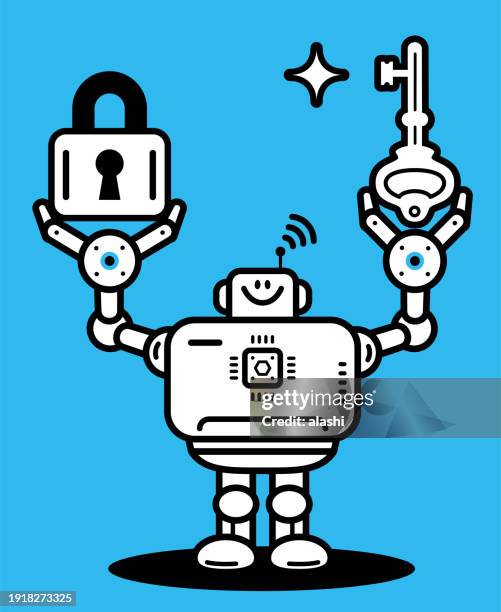 stockillustraties, clipart, cartoons en iconen met unlocking tomorrow: the ai revolution, an artificial intelligence robot holds a big key and a big lock - bernie sanders signs copies of our revolution a future to believe in