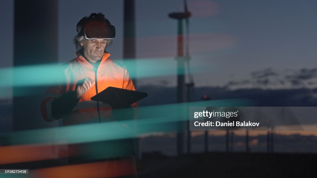 Data Scientist Using AI In Energy Sector With VR Headset. Night Shift
