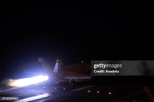 Military aircraft takes off from the US and British naval fleet as Yemeni local sources states that US and British warplanes have carried out...