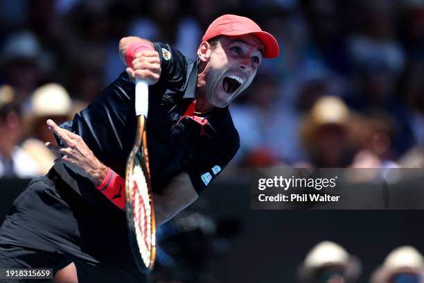 Roberto Bautista Agut of Spain serves in his match against Roberto Carballes Baena of Spain during the 2024 Men's ASB Classic at ASB Tennis Centre on...