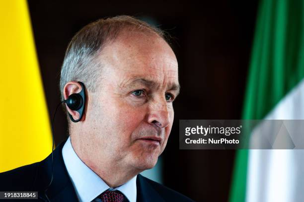 Ireland's Deputy Prime Minister and Minister of Foreign Affairs and Defense, Micheal Martin, is speaking during a press conference at the San Carlos...