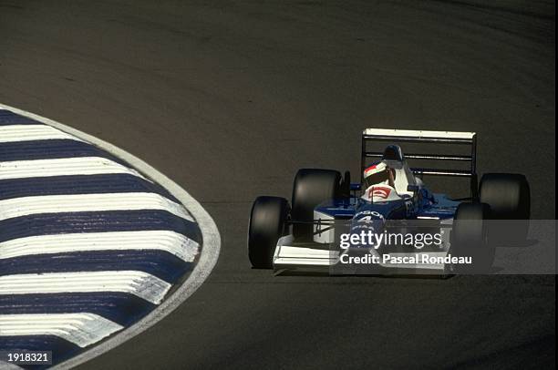Jean Alesi from France drives the Tyrrell Racing Organisation Tyrrell 019 Ford Cosworth DFR V8 during the during the British Grand Prix on 15th July...