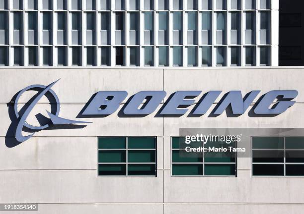 The Boeing logo is displayed on a Boeing building on January 8, 2024 in El Segundo, California. Alaska Airlines and United Airlines are continuing to...