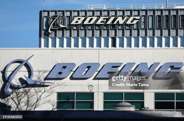 The Boeing logo is displayed on Boeing buildings on January 8, 2024 in El Segundo, California. Alaska Airlines and United Airlines are continuing to...