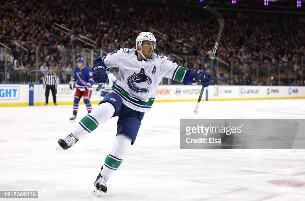 Miller of the Vancouver Canucks celebrates his goal during the first period against the New York Rangers at Madison Square Garden on January 08, 2024...