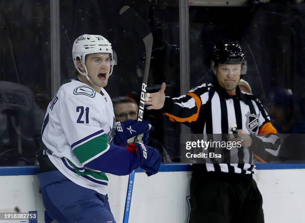 Nils Hoglander of the Vancouver Canucks celebrates his goal during the first period against the New York Rangers at Madison Square Garden on January...
