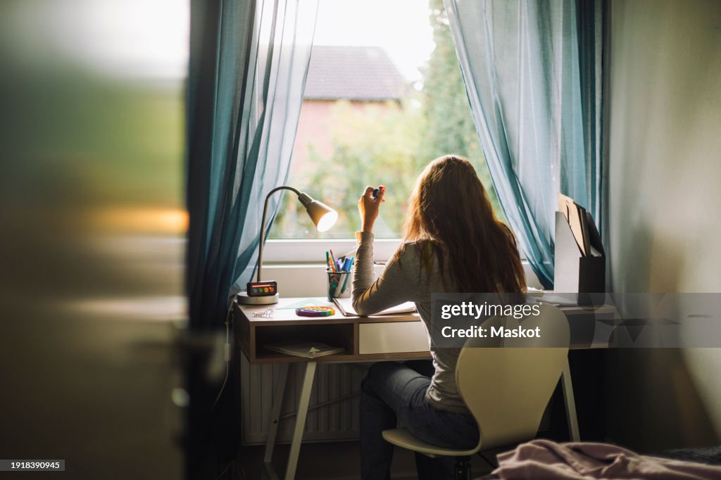 Rear view of teenage girl doing homework while sitting at desk in home