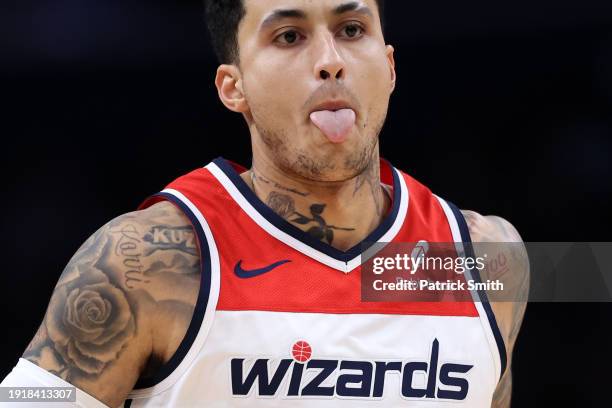 Kyle Kuzma of the Washington Wizards reacts against the Oklahoma City Thunder during the first half at Capital One Arena on January 08, 2024 in...