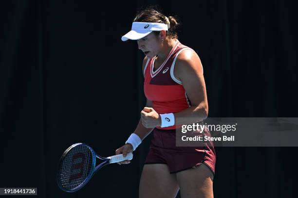 Caroline Dolehide of USA celebrates winning her match against Mayar Sherif of Egypt during day one of the the 2024 Hobart International at Domain...