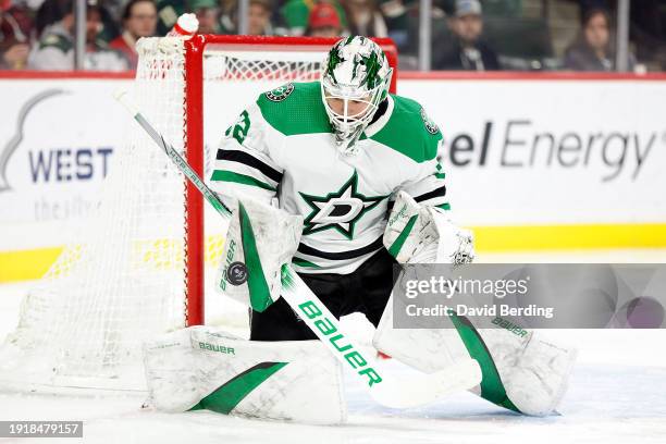 Matt Murray of the Dallas Stars makes a save against the Minnesota Wild in the first period at Xcel Energy Center on January 08, 2024 in St Paul,...