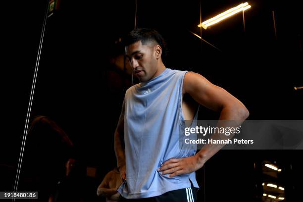 Rieko Ioane of the All Blacks runs through strength testing exercises during New Zealand All Blacks Gym Session on January 09, 2024 in Auckland, New...