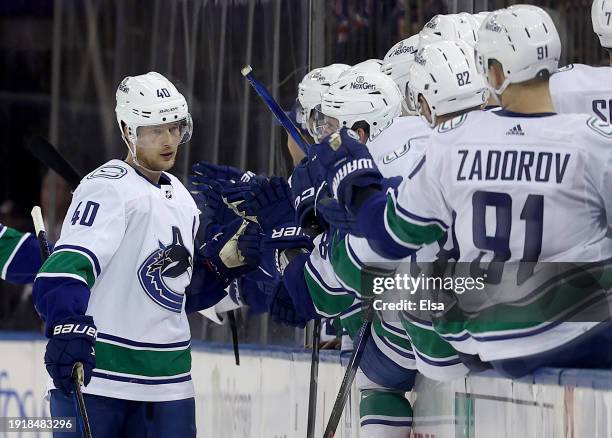 Elias Pettersson of the Vancouver Canucks celebrates his goal with teammates on the bench during the second period annat Madison Square Garden on...