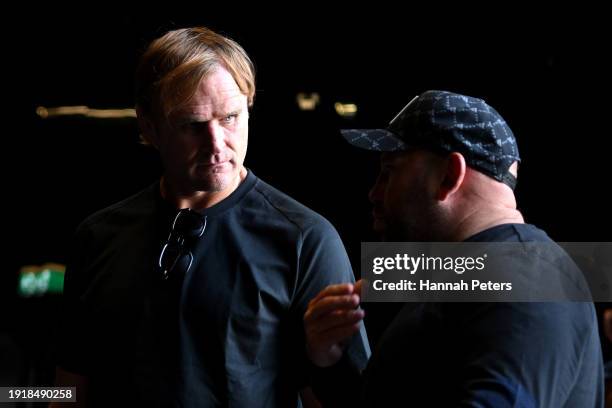 All Blacks head coach Scott Robertson and assistant coach Jason Ryan look on during New Zealand All Blacks Gym Session on January 09, 2024 in...