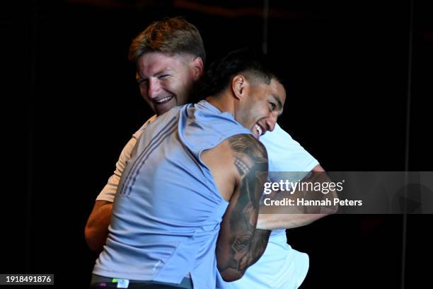 Jordie Barrett and Rieko Ioane of the All Blacks run through strength testing exercises during New Zealand All Blacks Gym Session on January 09, 2024...