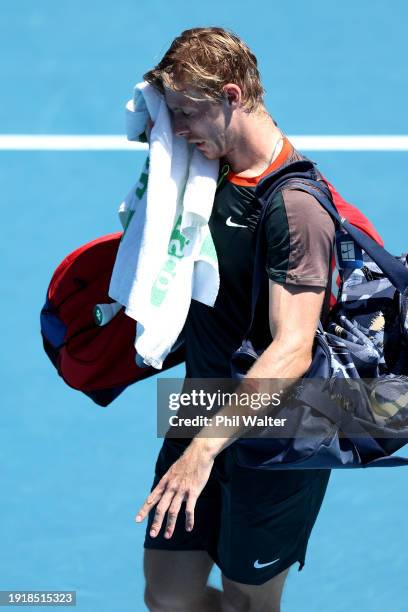 Denis Shapovalov of Canada leaves the court following his match against Sebastian Ofner of Austria during the 2024 Men's ASB Classic at ASB Tennis...