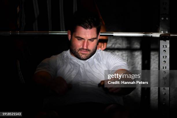 Luke Jacobson of the All Blacks runs through strength testing exercises during New Zealand All Blacks Gym Session on January 09, 2024 in Auckland,...