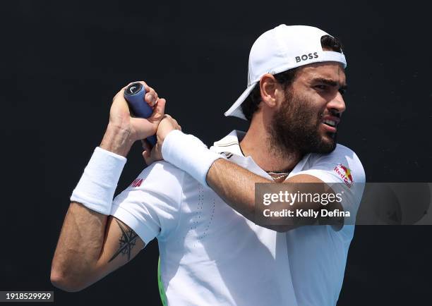 Matteo Berrettini plays a backhand during a training session ahead of the 2024 Australian Open at Melbourne Park on January 09, 2024 in Melbourne,...