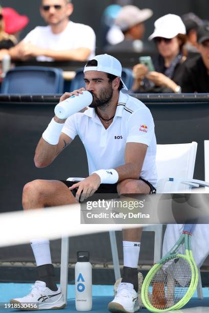 Matteo Berrettini has a drink during a training session ahead of the 2024 Australian Open at Melbourne Park on January 09, 2024 in Melbourne,...