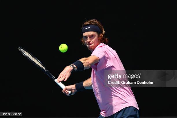 Andrey Rublev of Russia plays a forehand during a training session ahead of the 2024 Australian Open at Melbourne Park on January 09, 2024 in...