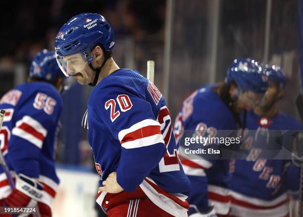 Chris Kreider of the New York Rangers reacts to the loss to the Vancouver Canucks after the game at Madison Square Garden on January 08, 2024 in New...