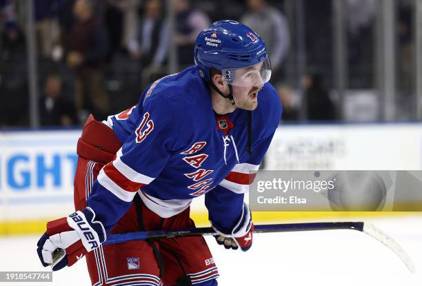 Alexis Lafreniere of the New York Rangers reacts to the loss against the Vancouver Canucks at Madison Square Garden on January 08, 2024 in New York...