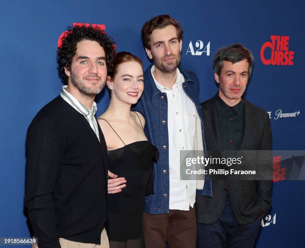 Benny Safdie, Emma Stone, Dave McCary,and Nathan Fielder attend the Los Angeles Season Finale Premiere of A24 and Showtime's "The Curse" at Fine Arts...