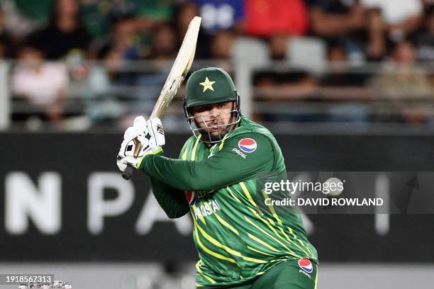 Pakistan's Azam Khan plays a shot during the first Twenty20 international cricket match between New Zealand and Pakistan at Eden Park in Auckland on...