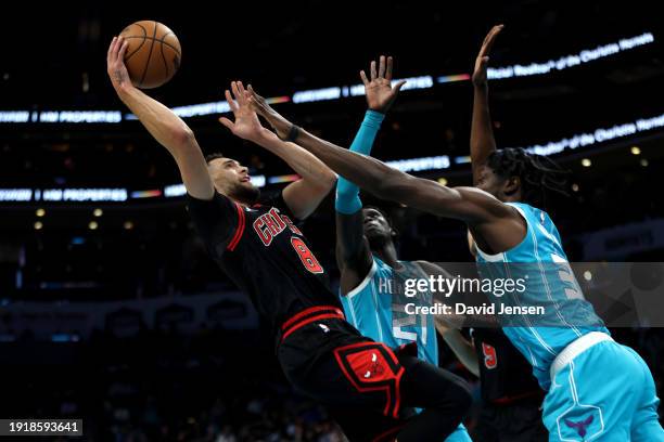 Thor and Nathan Mensah of the Charlotte Hornets defend a shot by Zach LaVine of the Chicago Bulls during the first half at Spectrum Center on January...