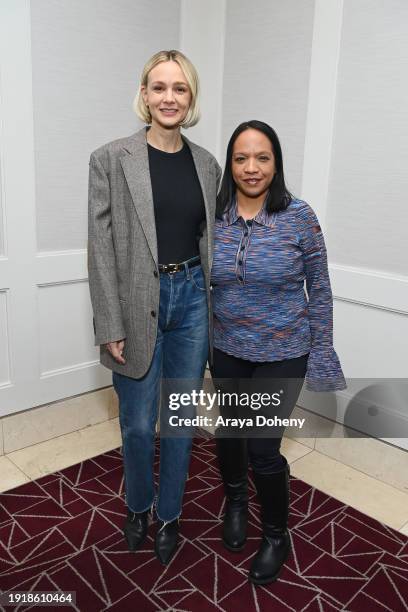 Carey Mulligan and Jazz Tangcay attend the SAG-AFTRA Foundation Conversations Presents "Maestro" with Carey Mulligan at The London West Hollywood at...