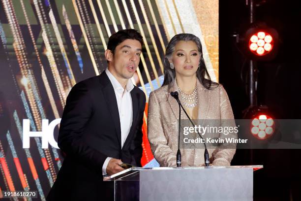 Alberto Guerra and Kelly Hu speak onstage during the 2024 Astra TV Awards at Millennium Biltmore Hotel Los Angeles on January 08, 2024 in Los...