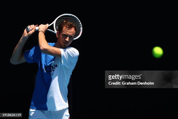 Daniil Medvedev of Russia plays a backhand during a training session ahead of the 2024 Australian Open at Melbourne Park on January 09, 2024 in...