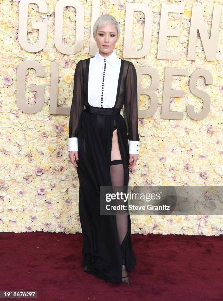 Pom Klementieff arrives at the 81st Annual Golden Globe Awards at The Beverly Hilton on January 07, 2024 in Beverly Hills, California.