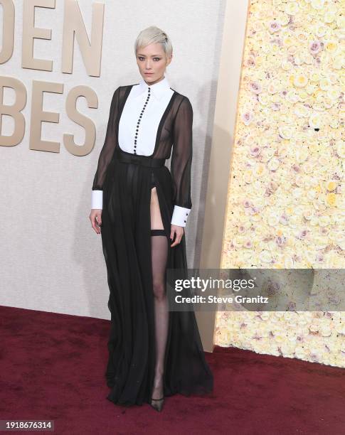 Pom Klementieff arrives at the 81st Annual Golden Globe Awards at The Beverly Hilton on January 07, 2024 in Beverly Hills, California.