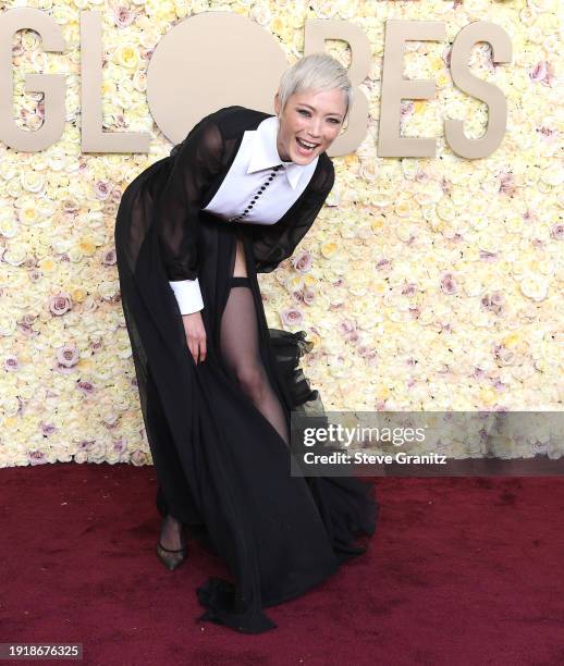 Pom Klementieff arrives at the 81st Annual Golden Globe Awards at The Beverly Hilton on January 07, 2024 in Beverly Hills, California.