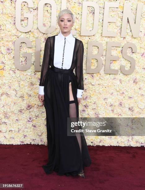 Pom Klementieff arrives at the 81st Annual Golden Globe Awards at The Beverly Hilton on January 07, 2024 in Beverly Hills, California.