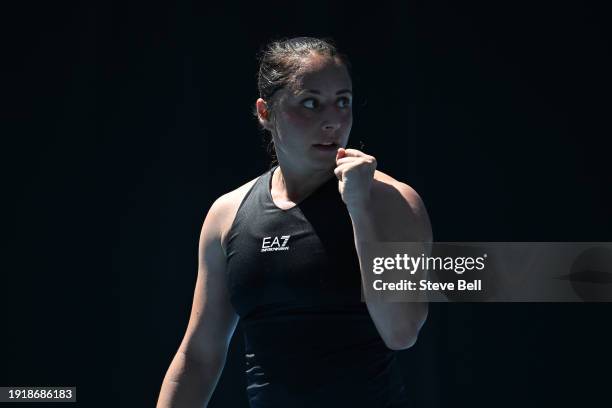 Elisabetta Cocciaretto of Italy celebrates in her match against Yulia Putintseva of Kazakhstan during day two of the 2024 Hobart International at...