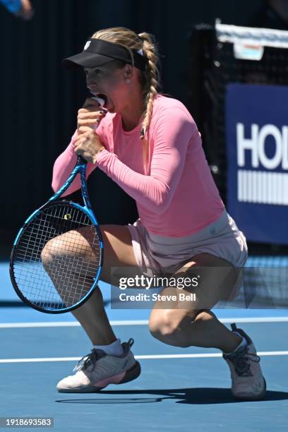 Yulia Putintseva of Kazakhstan reacts in her match against Elisabetta Cocciaretto of Italy during day two of the 2024 Hobart International at Domain...