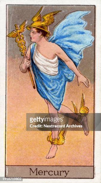 Playing cards issued as collectible vintage illustrated cigarette or tobacco cards from the 'Mythological Gods and Goddesses' series, issued in 1924...